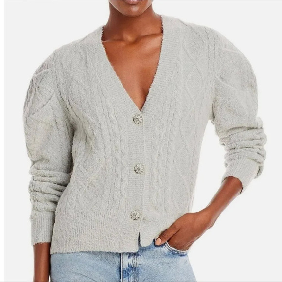En Saison Sirka Grey Cable Knit Puff Sleeve Cardigan Sweater - Picture 1 of 8